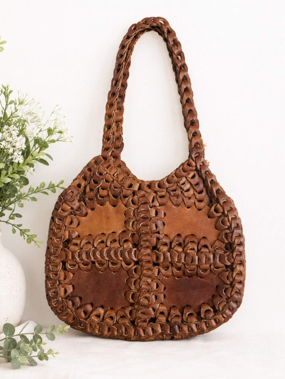 Vintage Cognac Genuine Leather Hobo Bag Hand Laced Boho Shoulder Bag
